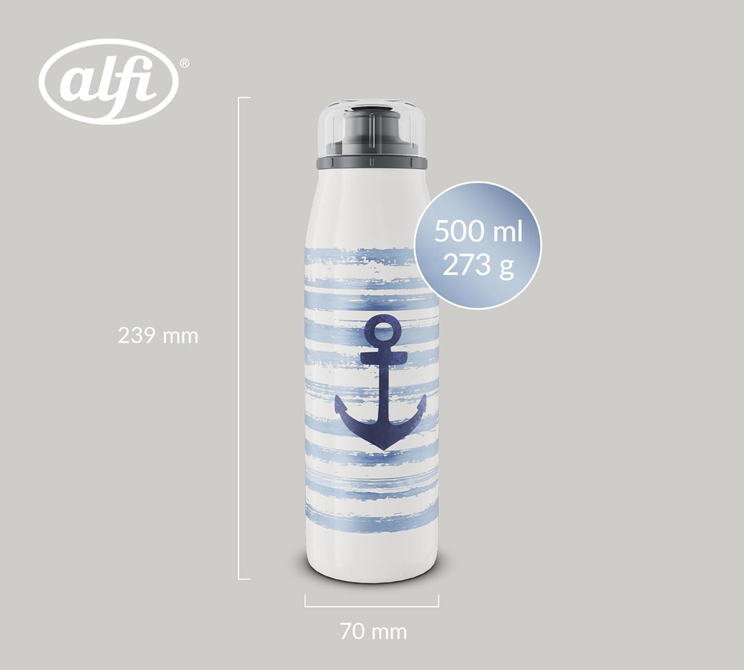 alfi KIDS ISO BOTTLE 500ml, Blau Weiss Anker, Isoliertrinkflasche Kinder Edelstahl, absolut dicht mi