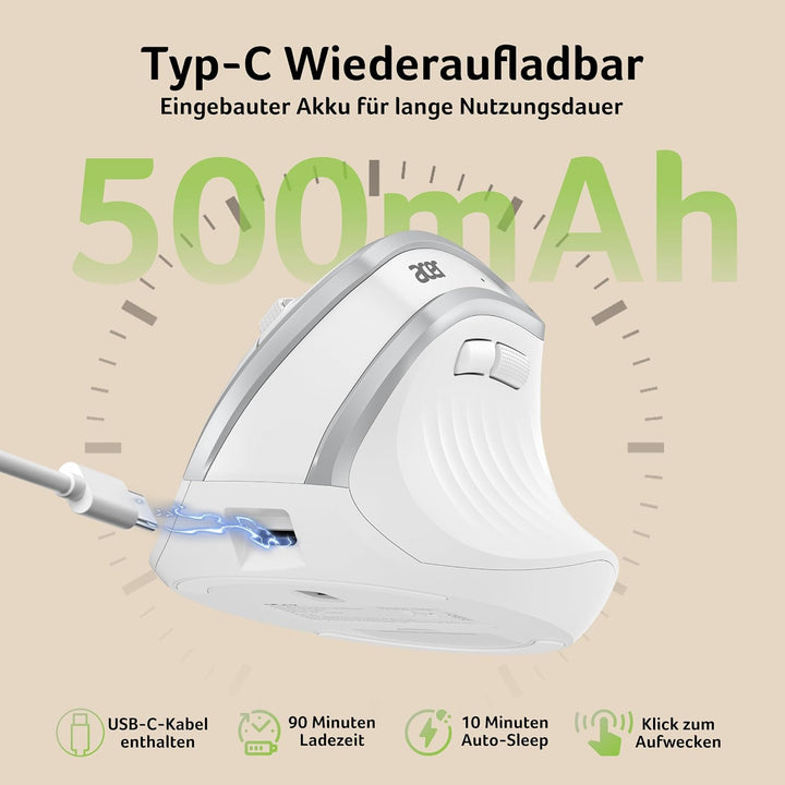 Acer 2.4G Ergonomische Maus, Vertikale Optische Maus Kabellos 1600 DPI, Wiederaufladbar Wireless Mou