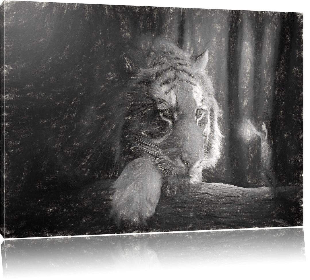 Pixxprint Eine Frau und EIN Riesen-Tiger / 100x70cm Leinwandbild bespannt auf Holzrahmen/Wandbild Ku