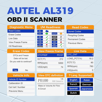 Autel AL319 OBD2 Diagnosegerät Fehlercode Lesen und Löschen, EchtzeitDaten und Fahrzeuginformationen