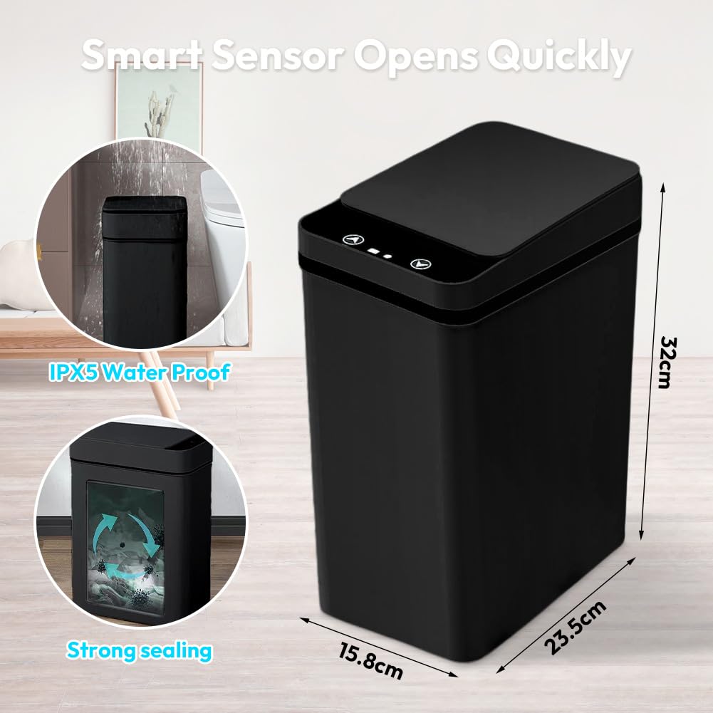 Mülleimer Bad 12L Sensor Kosmetikeimer Schwarz - Mülleimer mit Sensor Technologie, Touchless & Wasse