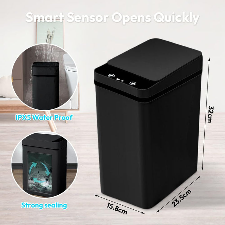 Mülleimer Bad 12L Sensor Kosmetikeimer Schwarz - Mülleimer mit Sensor Technologie, Touchless & Wasse