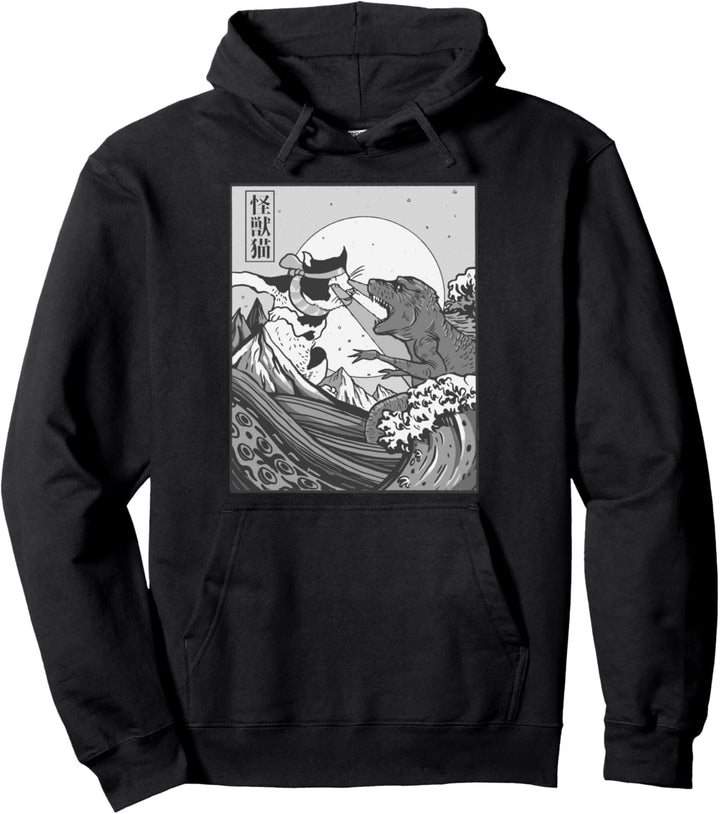 Katze kämpft gegen Monster Grosse Welle Japanische Kunst Pullover Hoodie