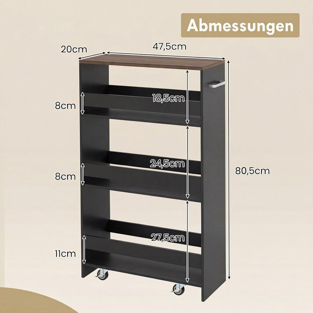 COSTWAY Nischenwagen 20cm breit, 4 Etagen Küchenwagen schmal, Nischenregal auf Rollen, Servierwagen