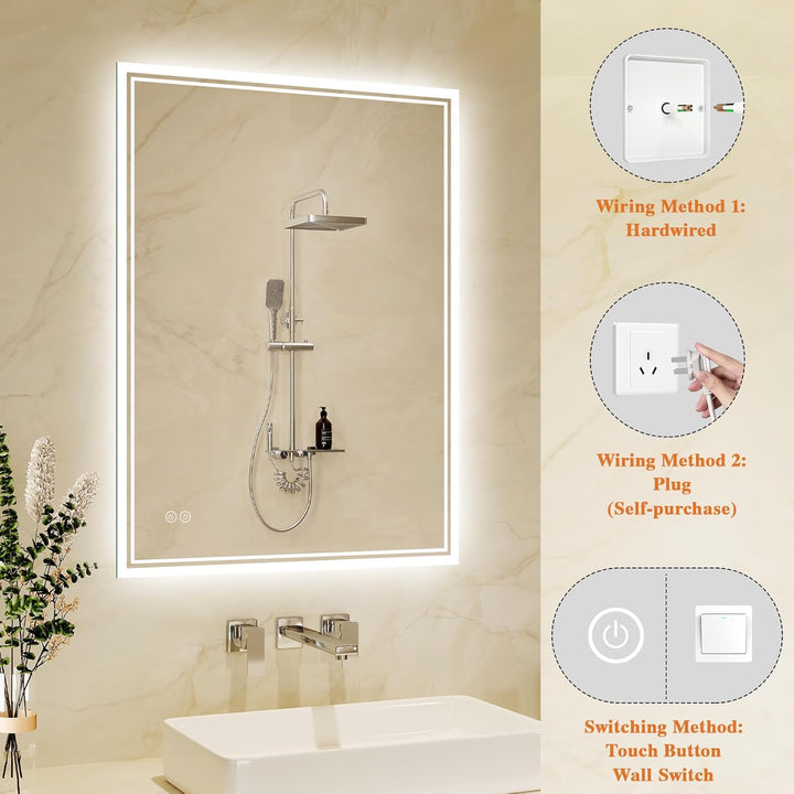 Badspiegel-mit-Beleuchtung 70x100cm: LED Badezimmer-Spiegel Badezimmerspiegel mit Beschlagfrei, Touc