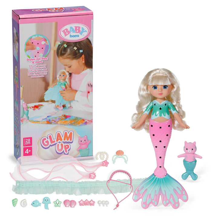 Baby Born Glam Up Sparkle, Meerjungfrau mit Langen blonden Haaren mit UV-Farbeffekt, zum Stylen mit