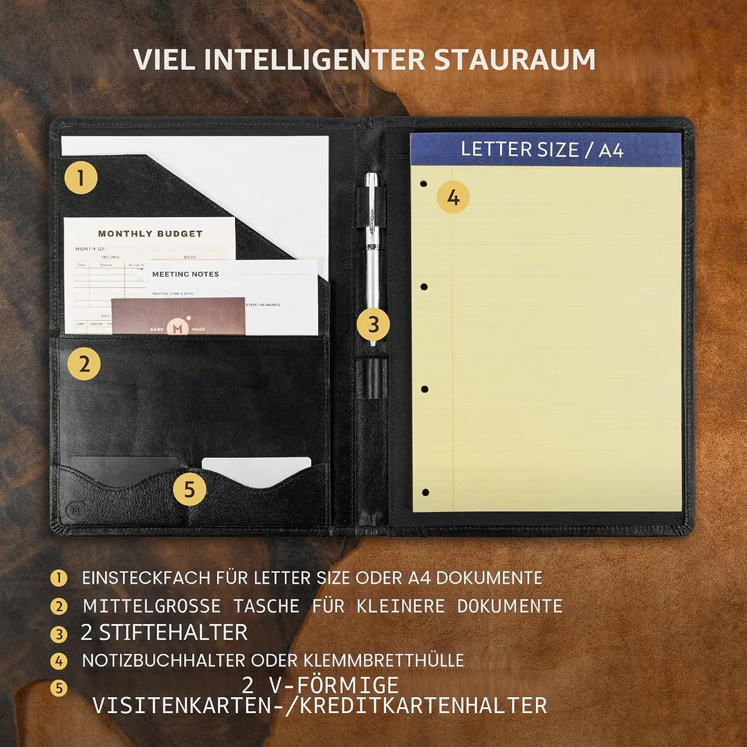 Moonster Professional Portfolio aus Leder Dokumentenmappe A4 - Schreibmappe A4 Format mit Luxus Stif