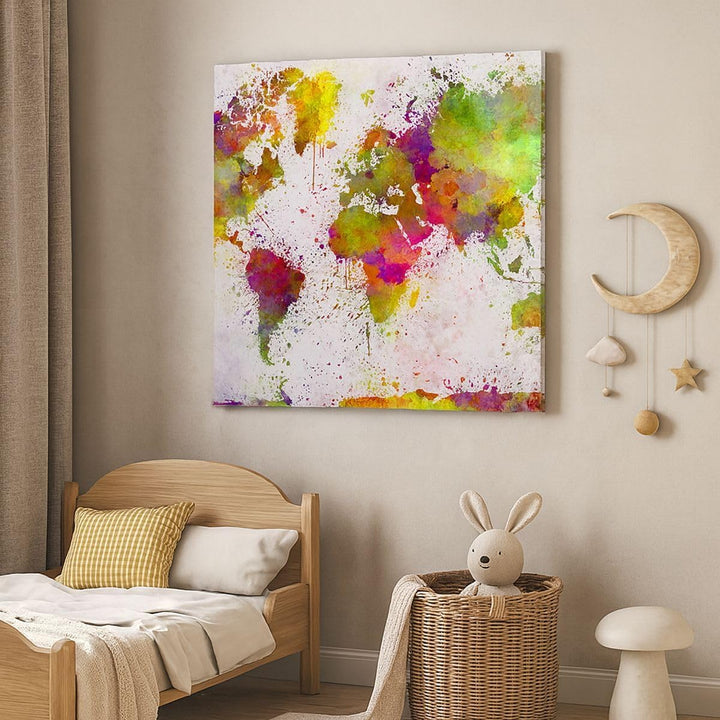 Bilder auf Leinwand 70x70cm Leinwandbild mit Rahmen Karte Welt modern Gross Wanddeko Bild Schlafzimm
