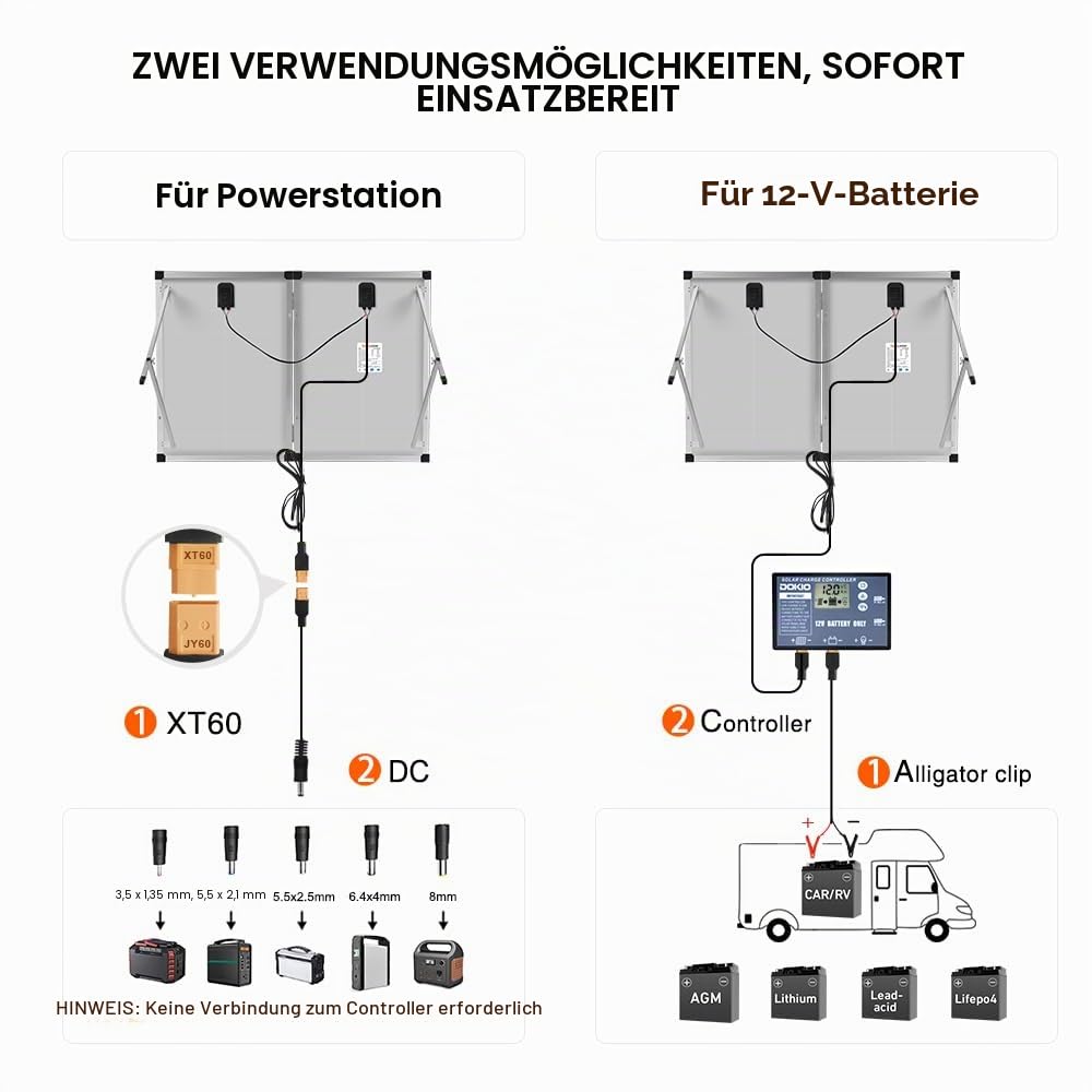 DOKIO Faltbares mobiles Solar-Panel 100 Watt mit monokristallinen Zellen, Integrierter 12-Volt-Lader