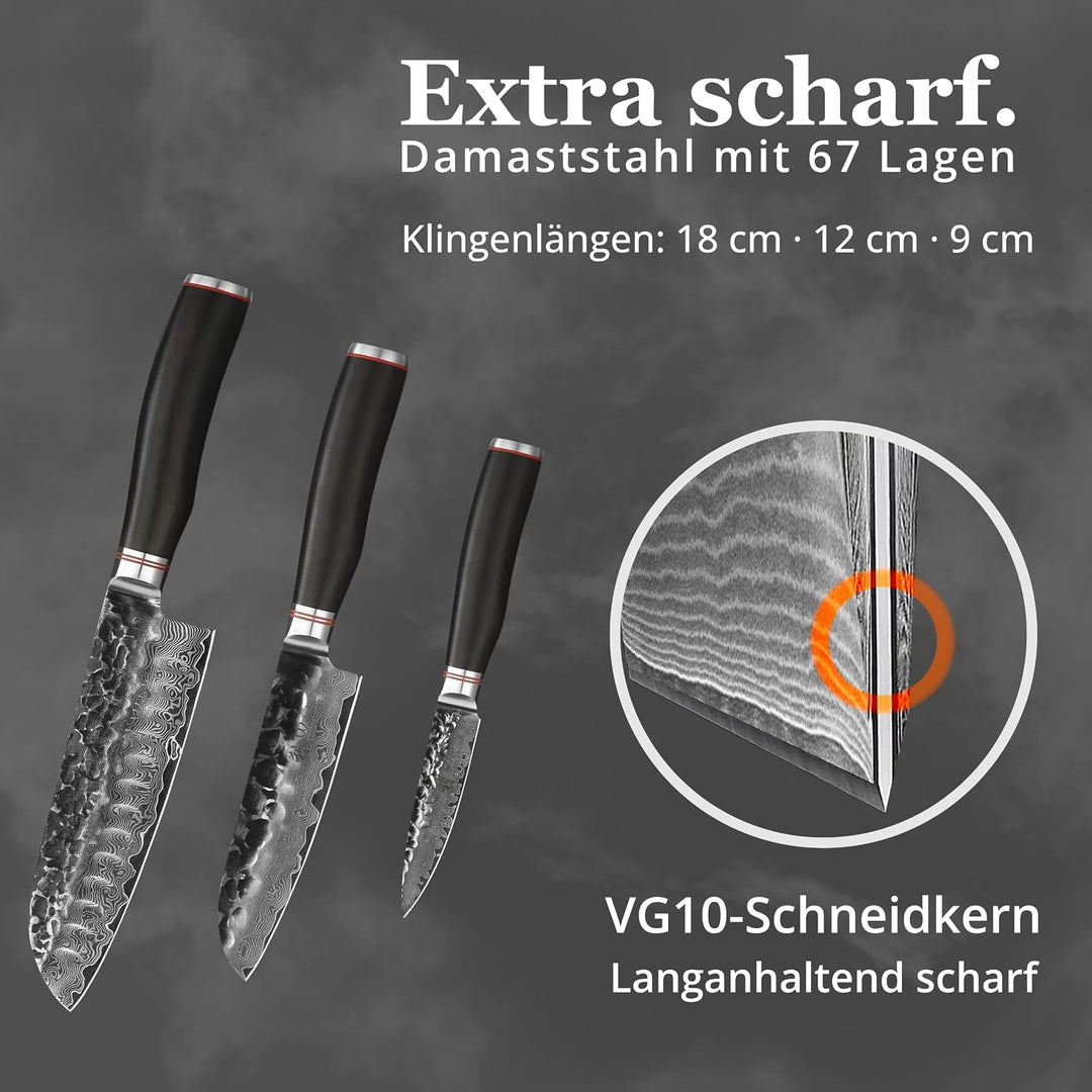 Wakoli Ebo 3er Damastmesser Set mit 9-18cm Klingen mit Hammerschlag gefertigt aus 67 Lagen echtem Da