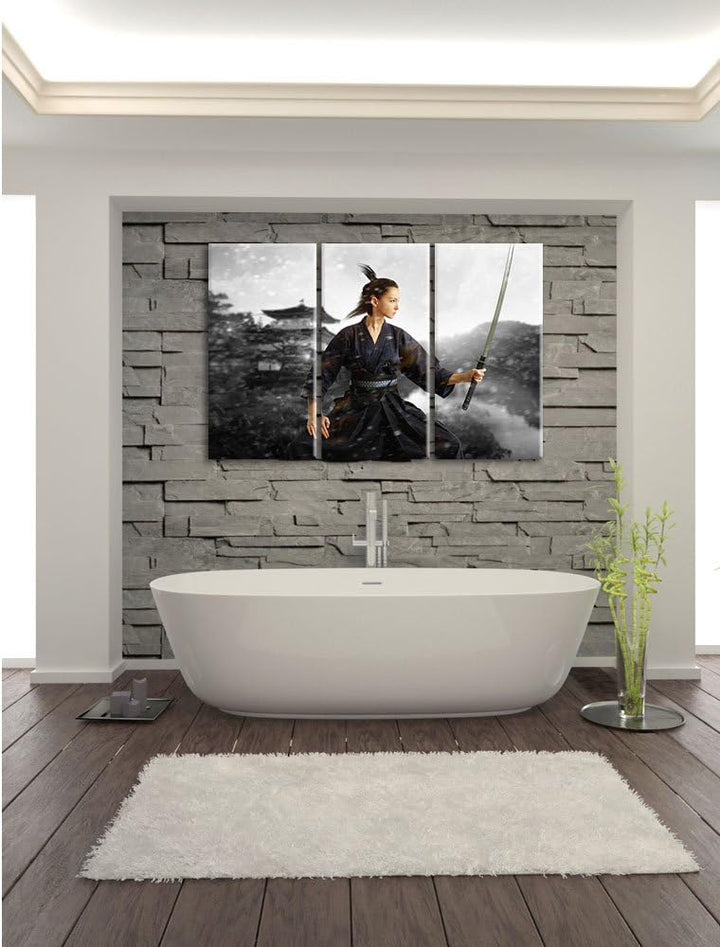 Pixxprint Samurai-Kriegerin im Schneesturm B&W Detail 3-Teiler Leinwandbild 120x80 Bild auf Leinwand