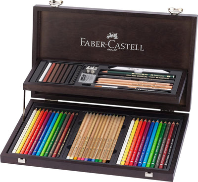 Faber-Castell 110084 - Art & Graphic Compendium Holzkoffer, 53-teilig, mit 12 Künstlerfarbstifte, 12