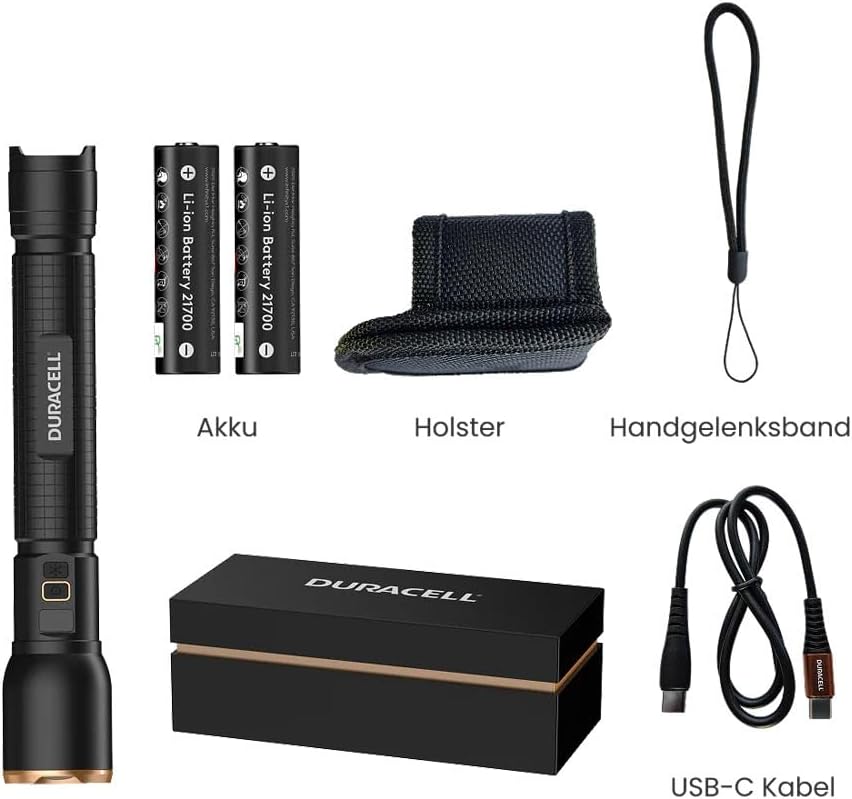 Duracell LED Taschenlampe DF6000R Pro – 6000 Lumen, fokussierbar, 230 m Leuchtweite, Outdoor &amp; Werks