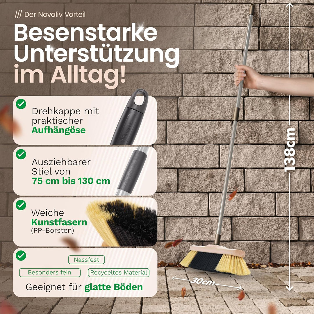 Novaliv Besen Set I Kehrgarnitur Zimmerbesen mit Teleskopstiel Kehrblech I feine Kunstborsten I Hand