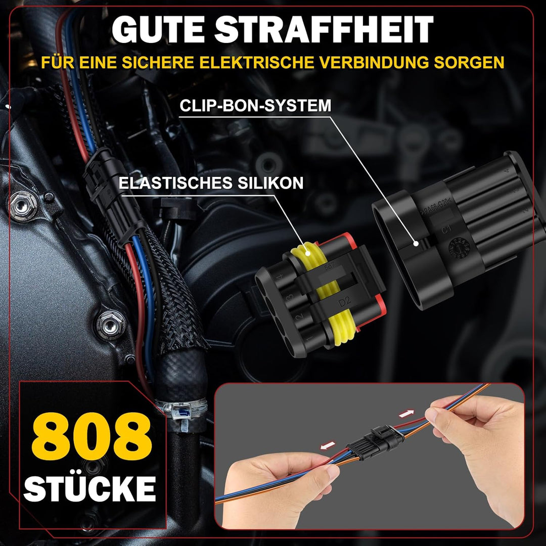 moveland kfz Stecker 808PCS - Schnell kfz Steckverbinder Wasserdicht 1/2/3/4/5/5/6 Polig - Dicht Ste