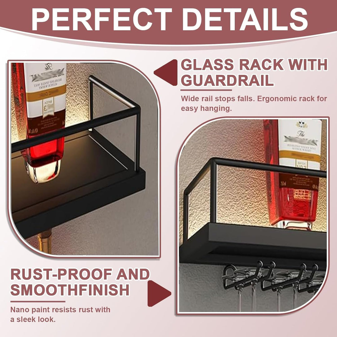 200CM Weinregal Wand mit Glashalter, 3 Ebenen Metallbar Weinpareite Display Rack, Modernes Weinregal
