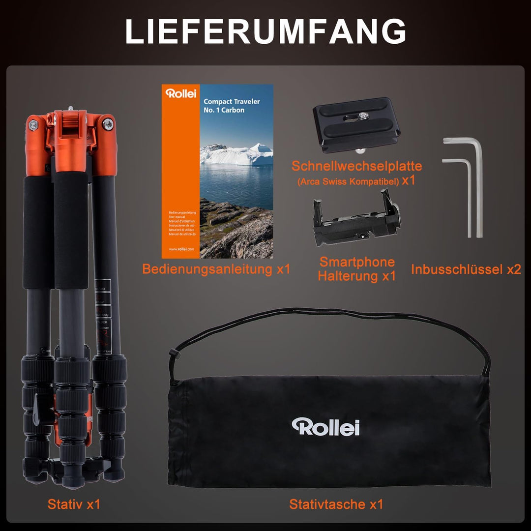 Rollei Compact Traveler No. 1 Carbon - sehr leichtes Reisestativ aus Carbon mit einem Packmass von n