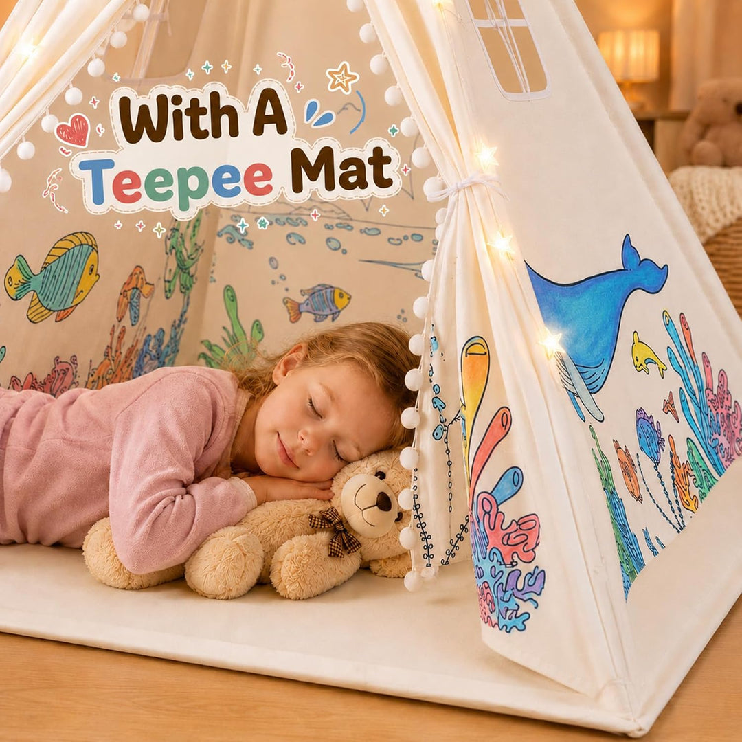 DIY Tipi Zelt für Kinder Indoor mit 12 Pinsel+Lichterkette+Tasche, 120x160cm Waschbar Kinder Zelt Ti