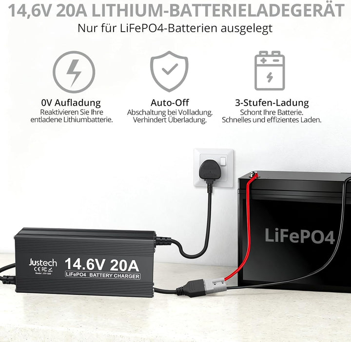 Justech 20A 14.6V Ladegerät für Lithium-Eisenphosphat (LiFePO4)-Batterien, Mit umfassendem Schutz fü