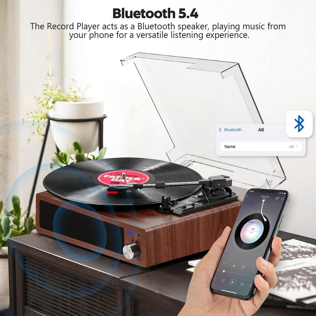 FYDEE Plattenspieler, Bluetooth 5.4 Schallplattenspieler mit Einstellbarer Auflagekraft, 2x3W Stereo