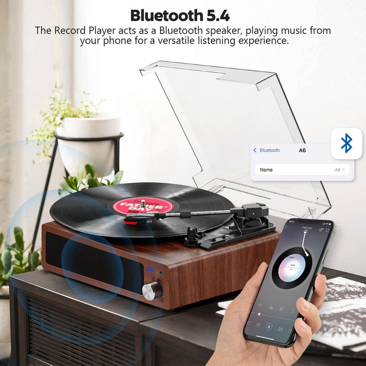 FYDEE Plattenspieler, Bluetooth 5.4 Schallplattenspieler mit Einstellbarer Auflagekraft, 2x3W Stereo
