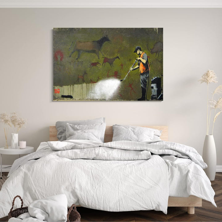Printed Paintings Leinwand (60x40cm): Banksy - Mann entfernt uralte Wandbemalung Desaster 60x40 cm,