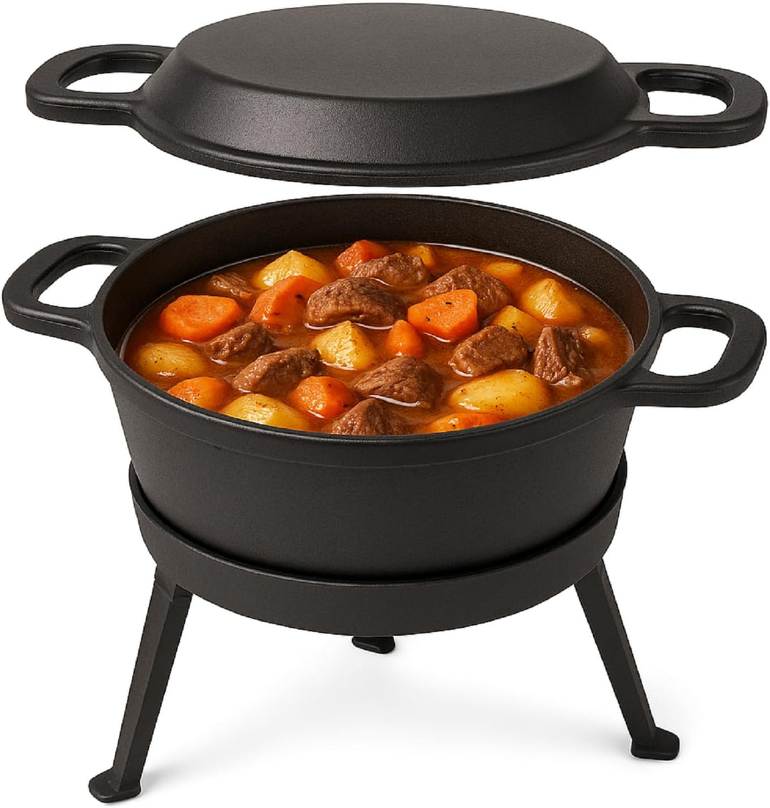 QLS Gusseisen Kessel 10 L Grill, Topf & Bratpfanne 3in1 – Schwerer Dutch Oven mit Deckel, abnehmbare