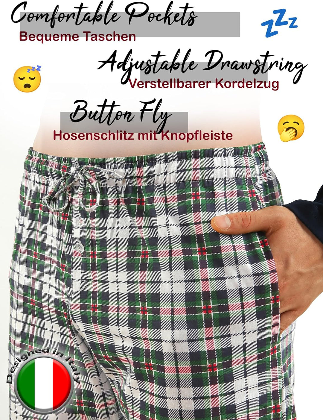 sesto senso Herren Schlafanzug Lang Baumwolle Pyjama Langarm Shirt mit Tasche Pyjamahose Zweiteilig