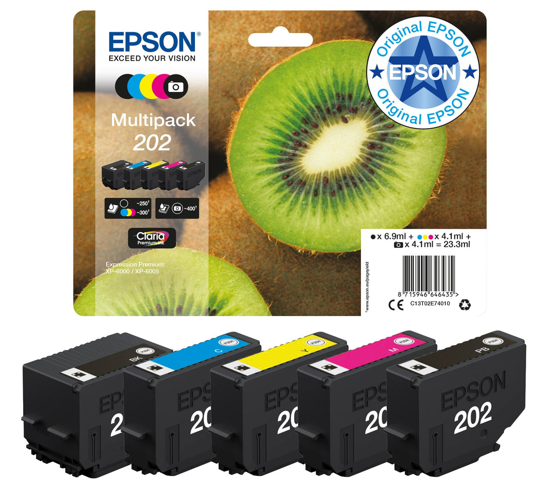 Epson Original-Tinte 202 Multipack mit 5 Schwarz, Gelb, Cyan, Magenta, Photo, Schwarz, Originalverpa