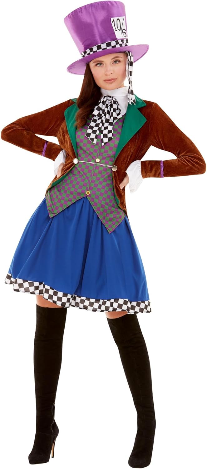 Miss Hatter Costume, Multi-Coloured, with Jacket, Attached Waistcoat, Skirt & Hat, (M) M - UK Size 1