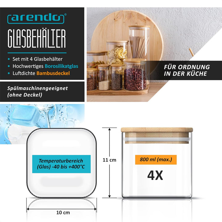 Arendo - Vorratsgläser mit Deckel 800ml - 4er Set - Behälter aus Glas – hitzebeständig – Vorratsdose