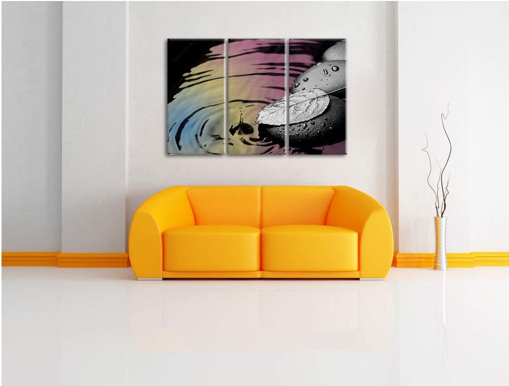 Blatt auf Zen Steinen im Wasser schwarz/weiss 3-Teiler Leinwandbild 120x80 Bild auf Leinwand, XXL ri