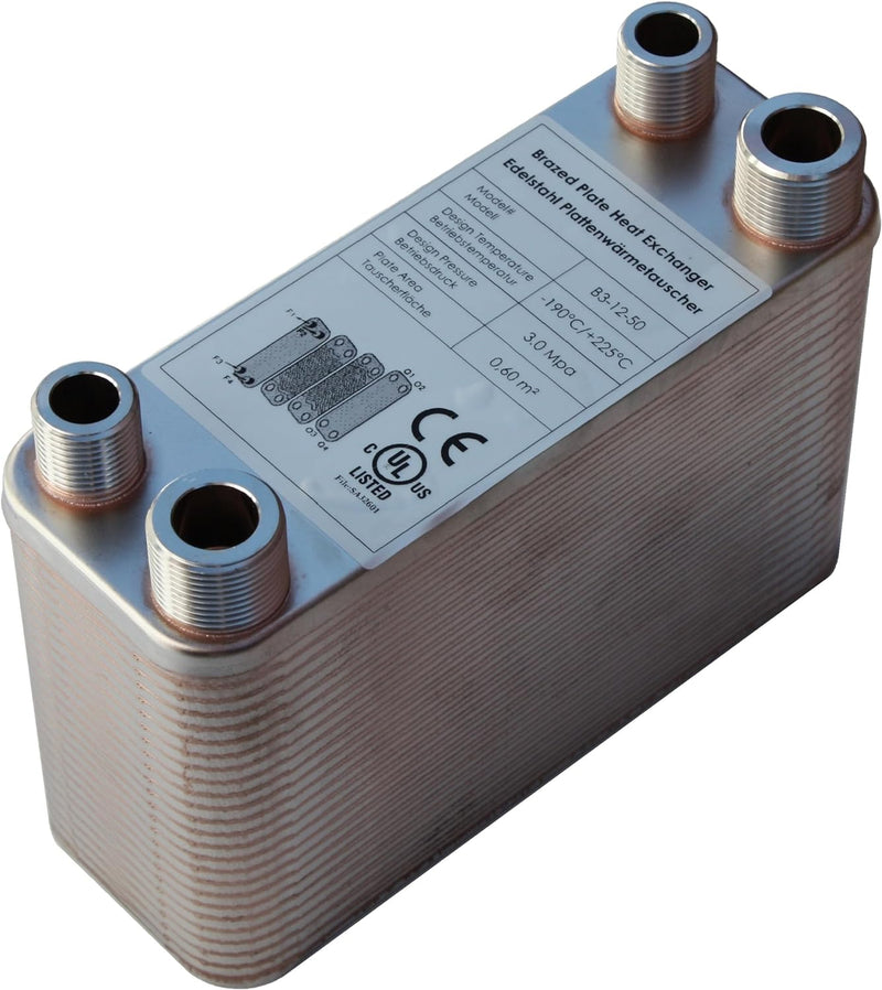 Edelstahl Plattenwärmetauscher B3-12-50 mit 2x1/2 & 2x3/4 Zoll Anschl. 90kW Heizung Solar (PWT)