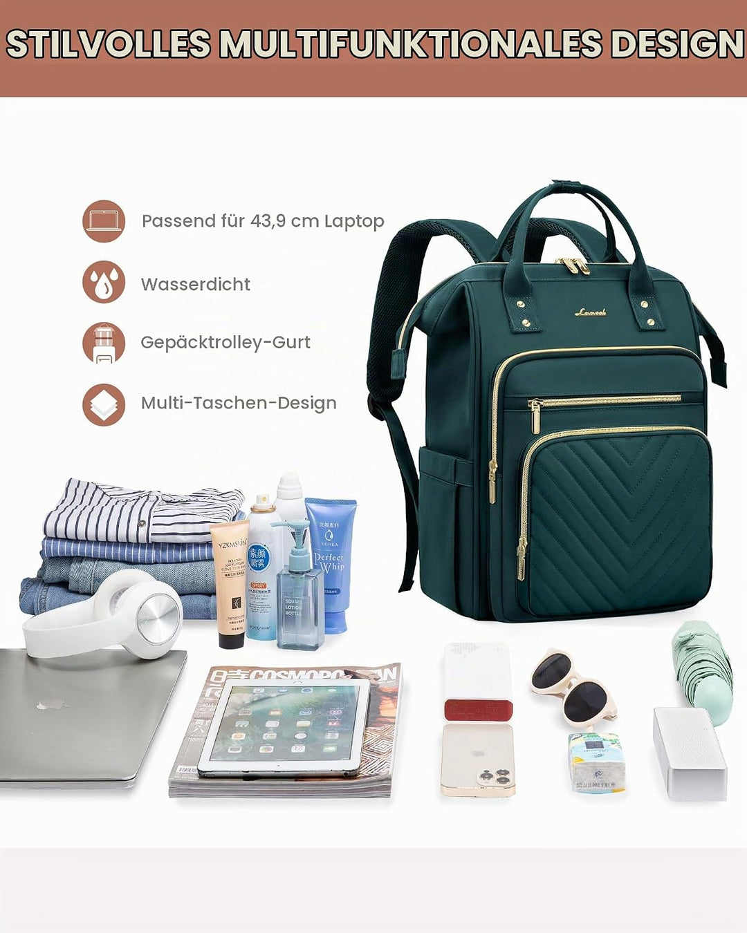 LOVEVOOK Rucksack Damen, 17,3 Zoll Laptop Schulrucksack Teenager Mädchen Wasserdicht, Elegant Reiser