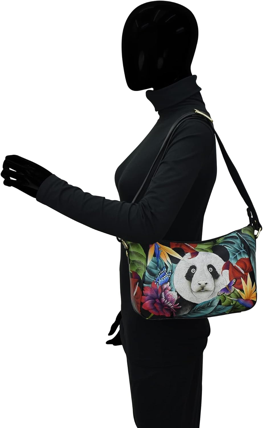 Anuschka Handbemalte Hobo Schultertasche aus Echtleder Happy Panda, Happy Panda