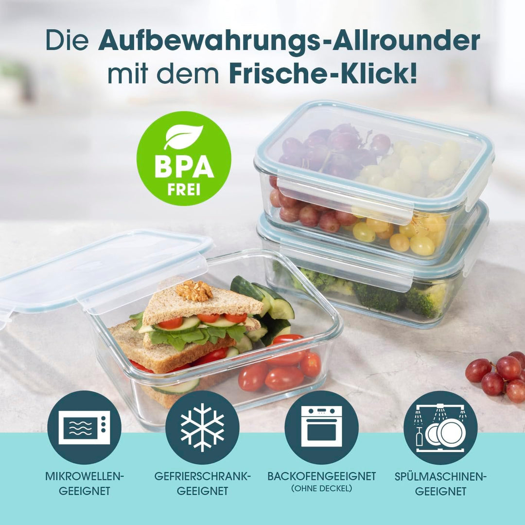 GOURMETmaxx Glas-Frischhaltedosen Klick-It 3 Dosen 1,6 L | Als Brotdose oder für Meal Prep | Spülmas