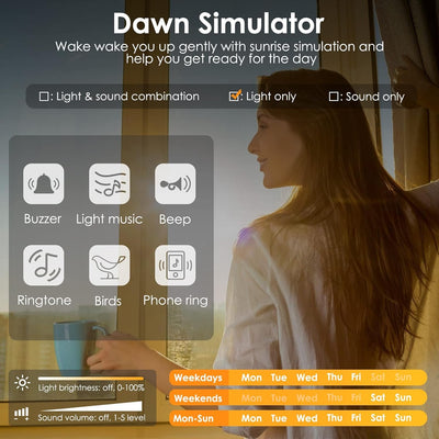 APUZOM Lichtwecker Wake Up Light, Lauter Wecker für Tiefschläfer, digital Tischuhr Nachtlicht mit Ha