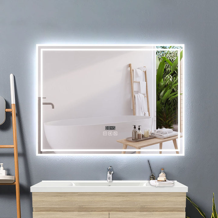 Badspiegel LED 80x60cm LED Spiegel mit Beleuchtung Bluetooth Uhr Beschlagfrei Badezimmerspiegel 3 Li