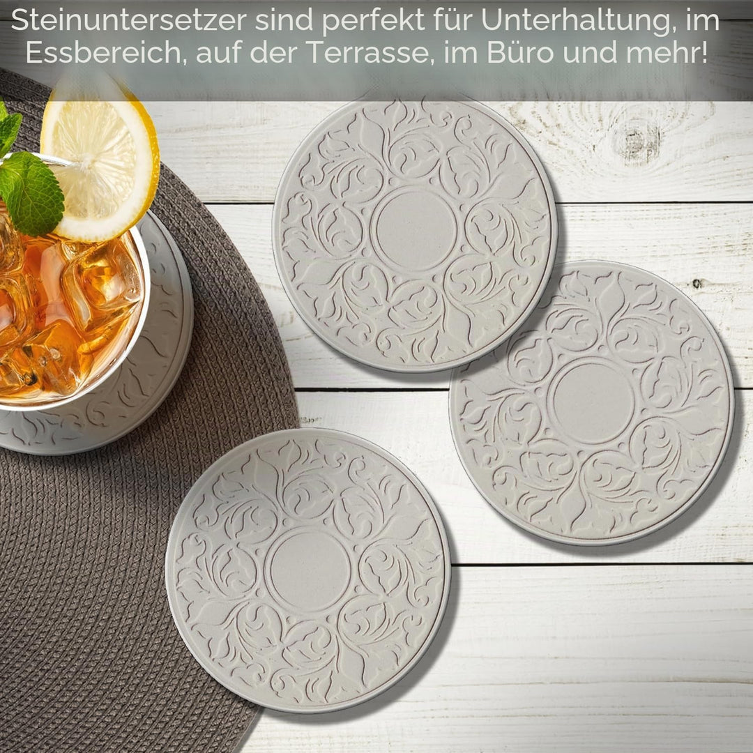 CASA BRUNO Embossed Victorian Lace - Getränke Untersetzer aus Sandstein - 4er Geschenkpackung