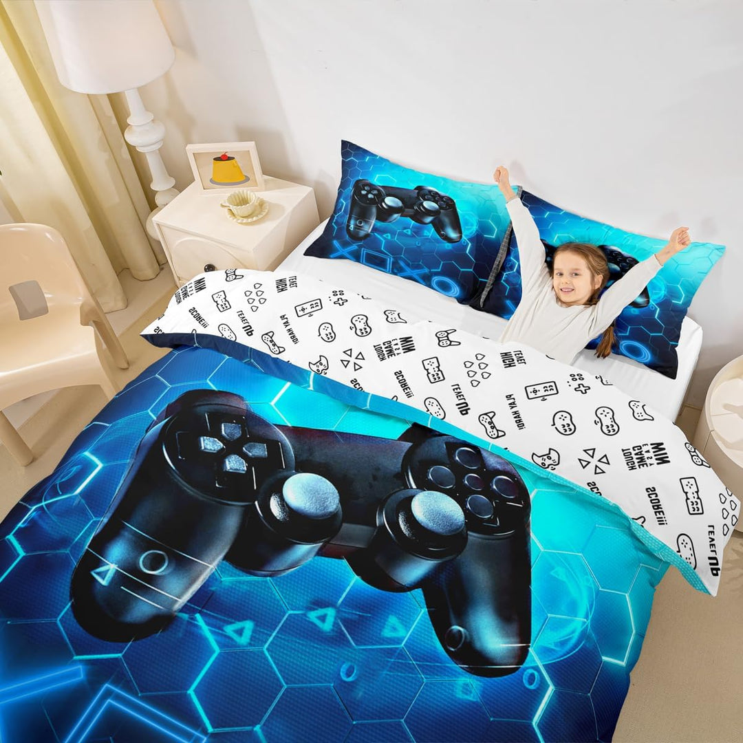 Homemissing Gaming Bettbezug für Kinder, Gamer, Blau, Videospiel, Bettwäsche, 200x200 cm, Spielekons