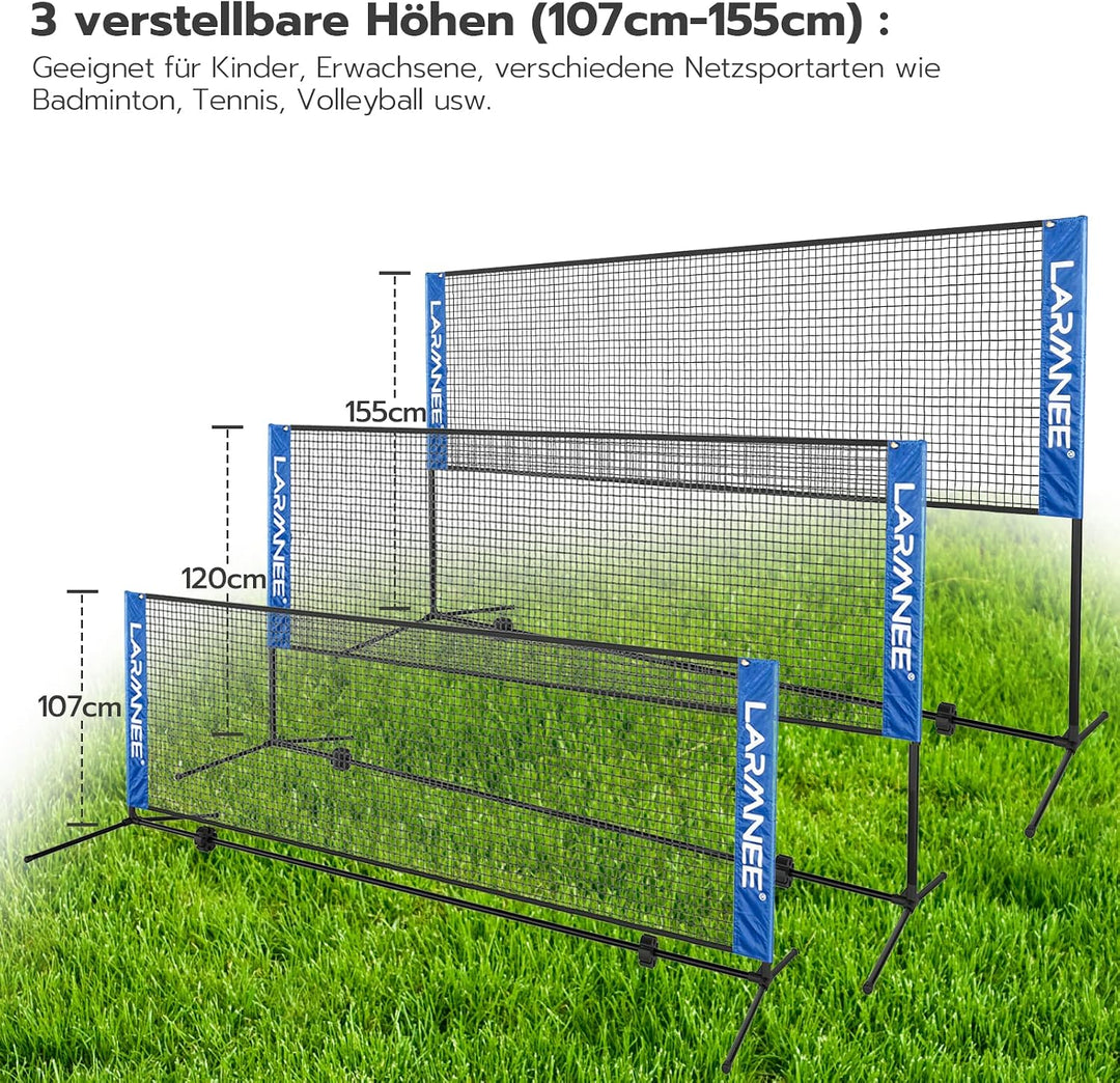 LARMNEE Badmintonnetz, Volleyballnetz, Federballnetz, 3-Fach-Höhenverstellbar 107/120/155cm, Tragbar