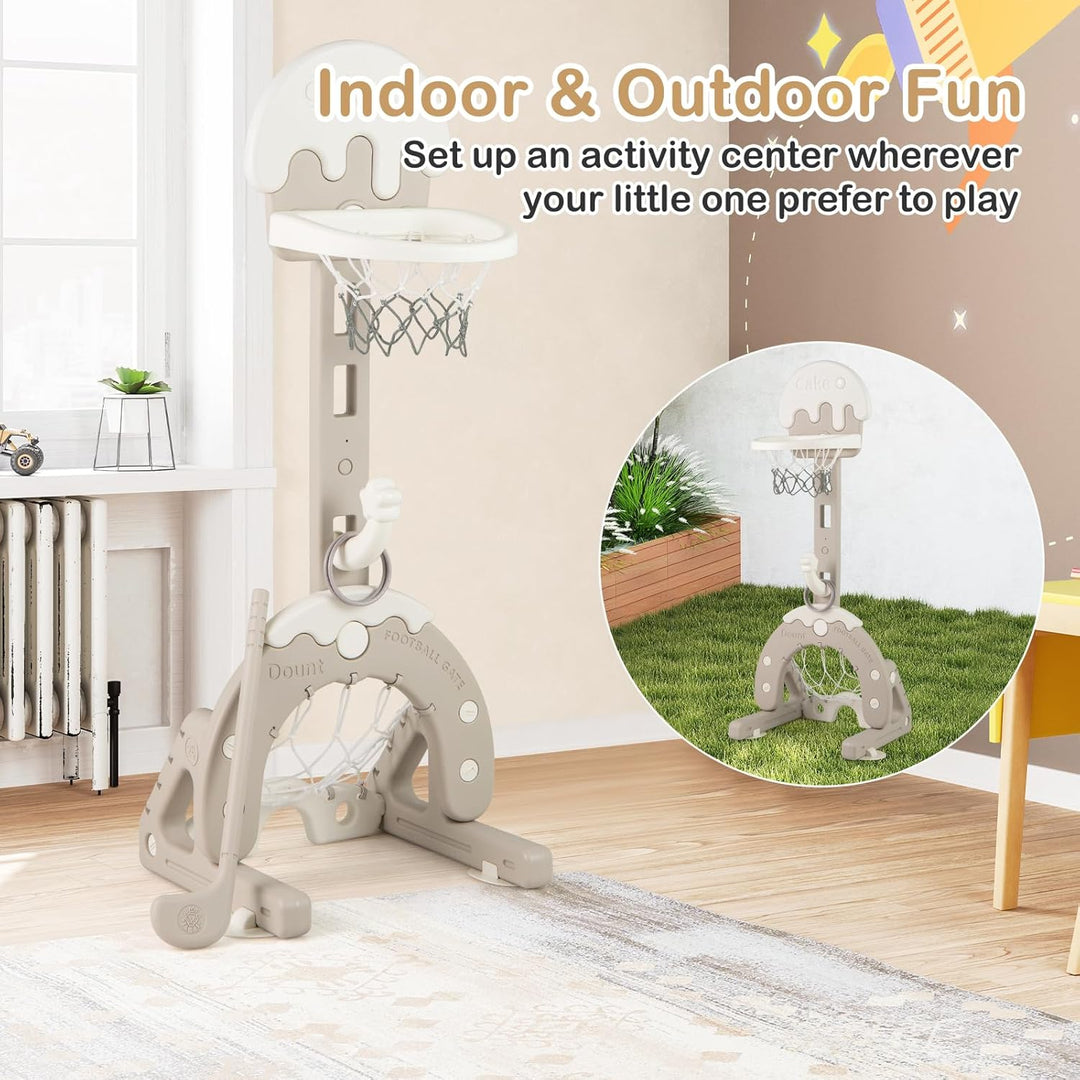 HOMASIS 4 in 1 Kinder Basketballkorb Set, multifunktional Basketballständer mit Fussballtor & Golf &