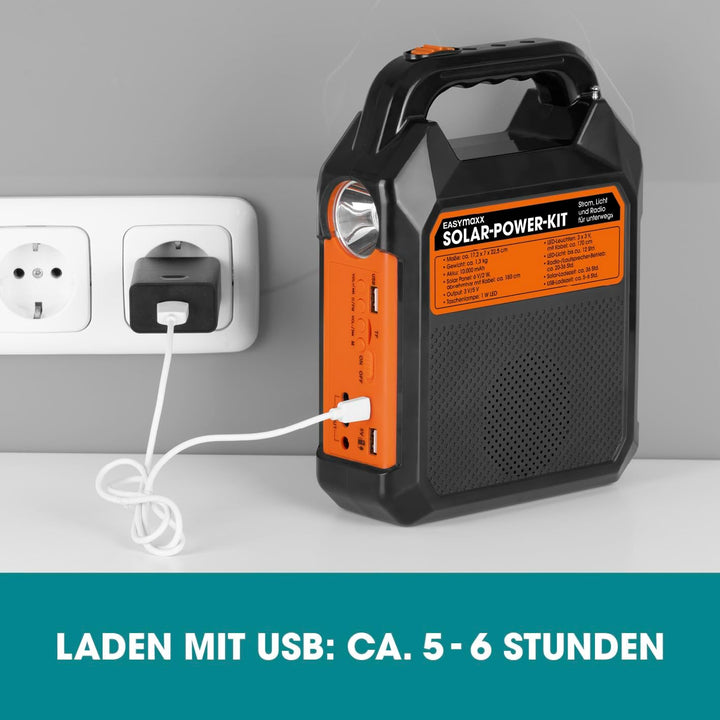 EASYmaxx Solar-Generator Kit 10000mAh | 2 Auflademodi: Solarpanel oder USB | Zum Aufladen von Handy,