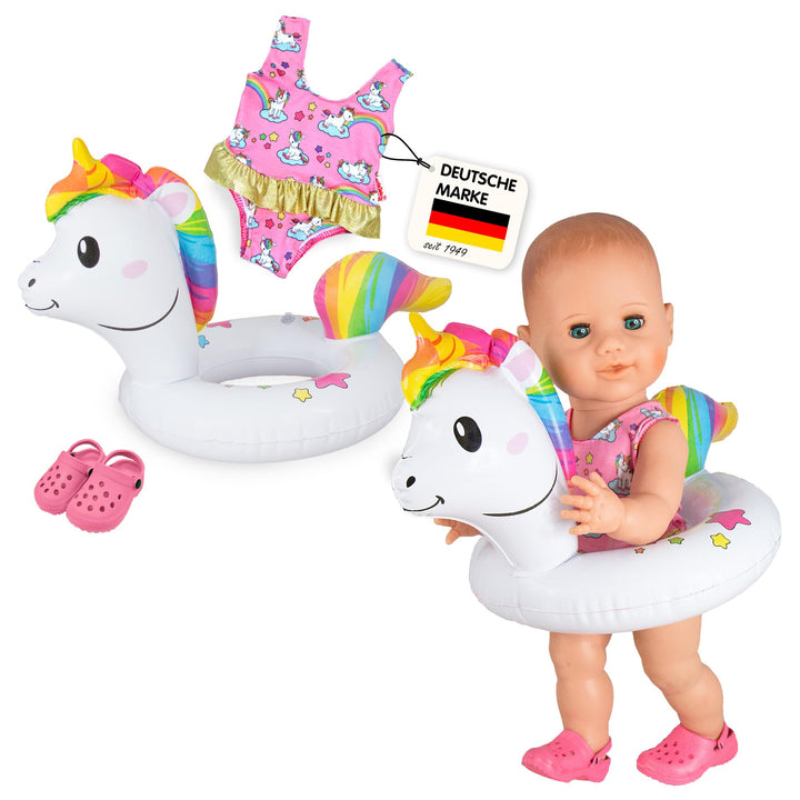 Heless 66 - Schwimm-Set für Puppen, 3 teilig, Motiv Einhorn Henri, Badeanzug, Clogs und Schwimmring,
