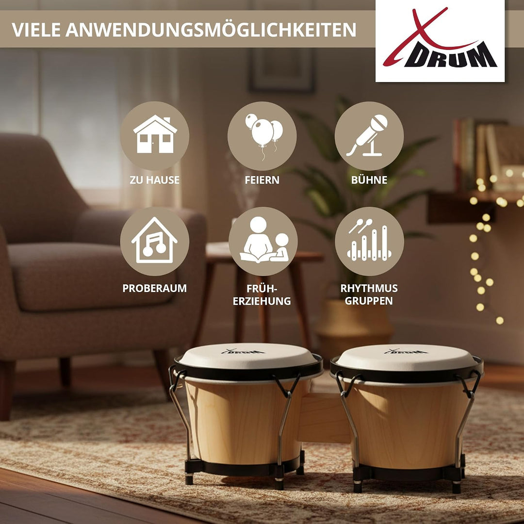 XDrum Bongos Club Set - 6" Macho und 7" Hembra - Naturfelle - professionelles Stimmsystem - Schwarz