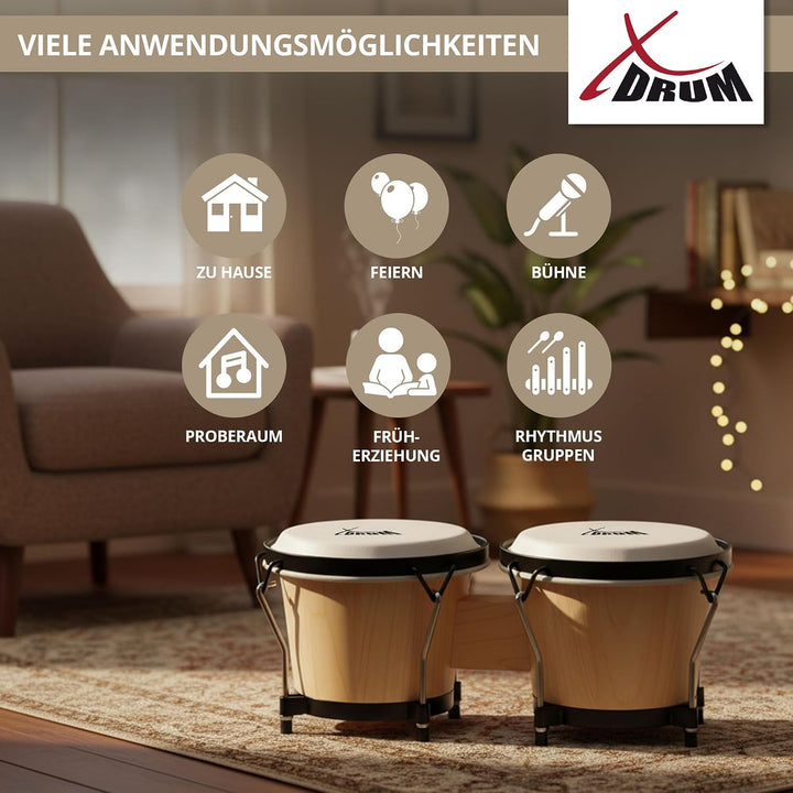 XDrum Bongos Club Set - 6" Macho und 7" Hembra - Naturfelle - professionelles Stimmsystem - Schwarz