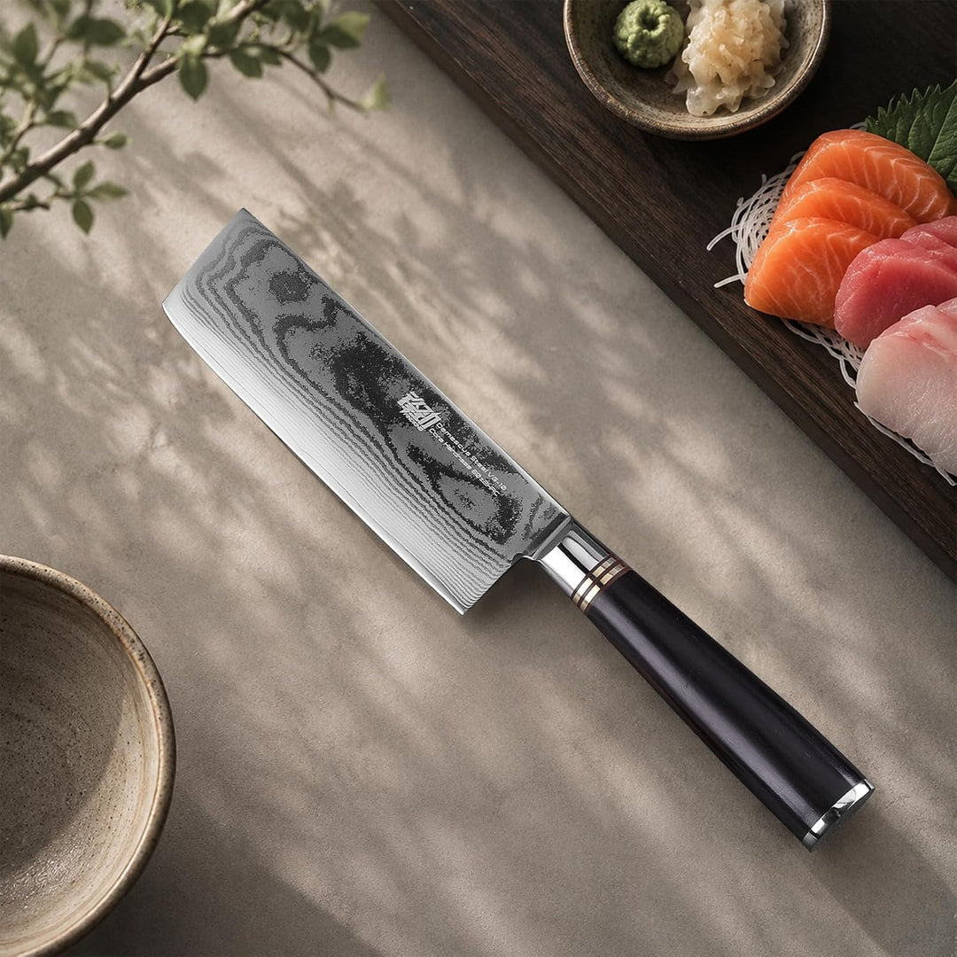 FINDKING Damast Nakiri Messer 17 cm, Ebenholz Griff, Profi Küchenmesser | 67 Lagen Damaststahl, 10Cr
