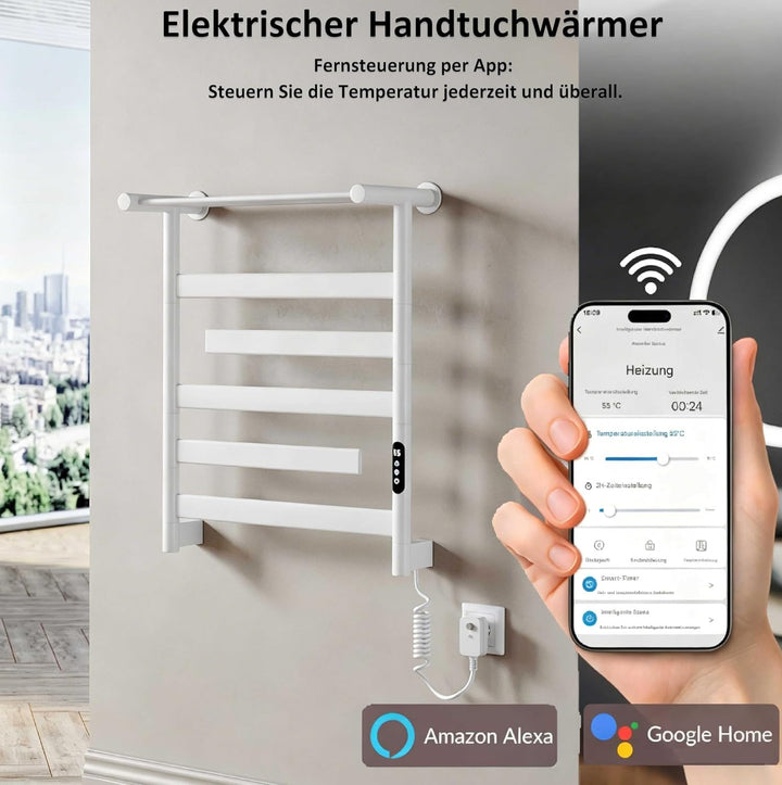 Handtuchheizkörper Elektrisch 66 x 55cm, 180° Drehung Handtuchwärmer Elektrisch mit Heiz-Ablage, WiF