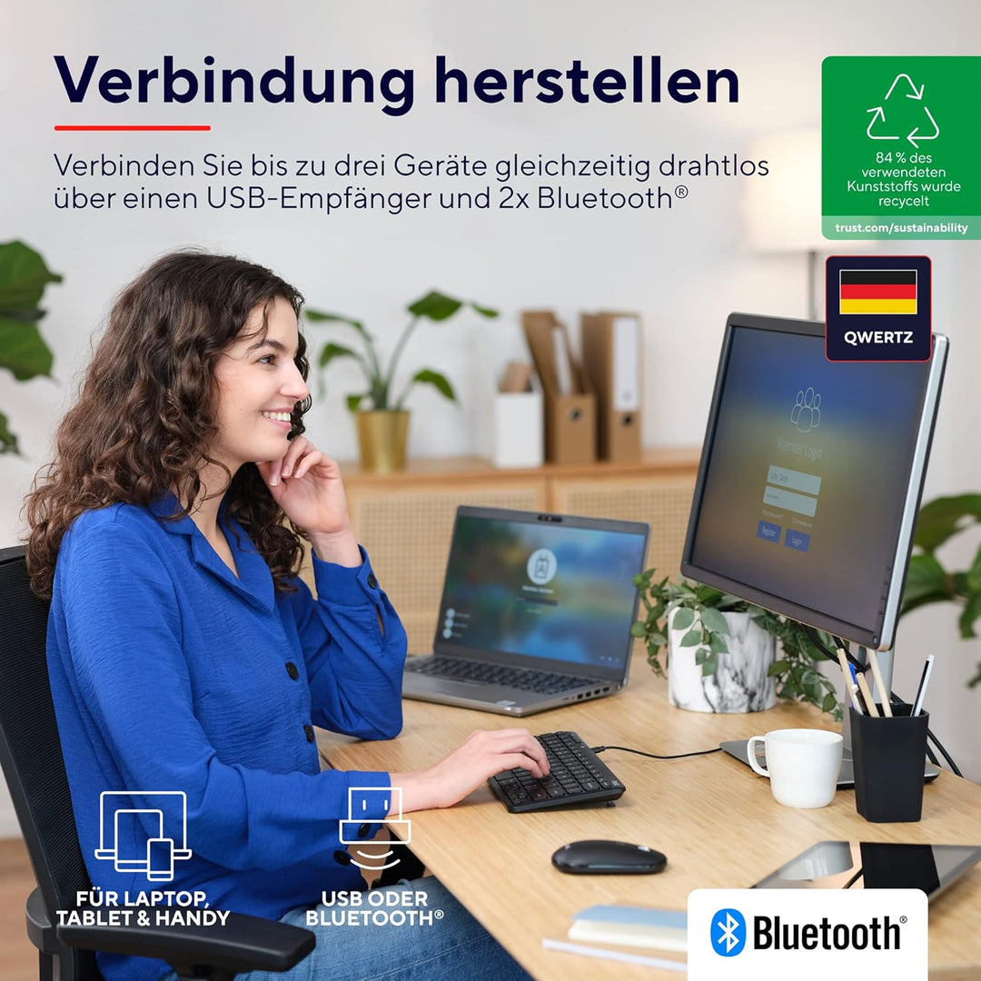 Trust Lyra Bluetooth Tastatur Maus Set Kabellos, QWERTZ-Layout, 84% Recyclingkunststoff, Wiederaufla