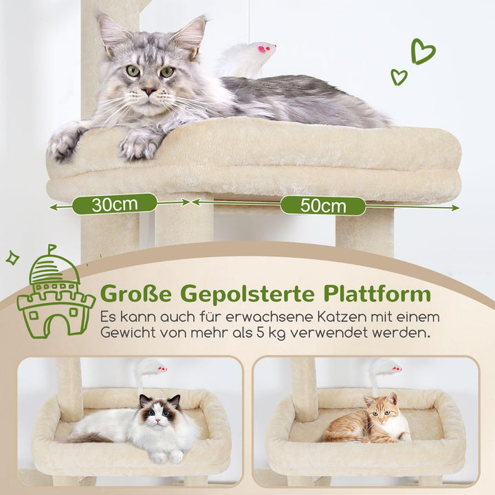 Globlazer Kratzbaum Beige Stabil mit 2 Gross Basis, 2 Katzenhaus 90° Drehbares, Gepolsterte Plattfor